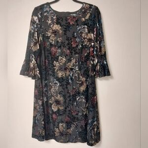 Nine West Vintage Multicolor Floral Velvet Burnout 3/4 Bell Sleeve Midi Dress